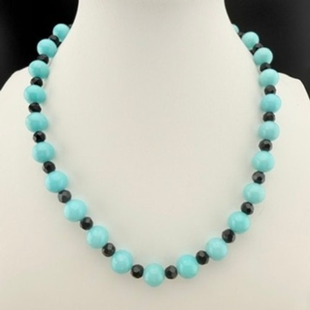 STONE Necklace Aqua Blue Black Beaded Toggle Clasp Retro 80s
